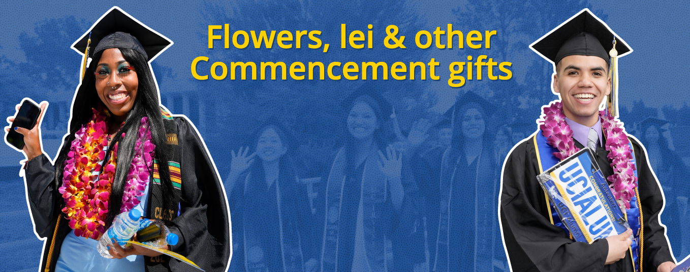 banner: two smiling grads among others, text: Flowers, lei & other Commencement gifts